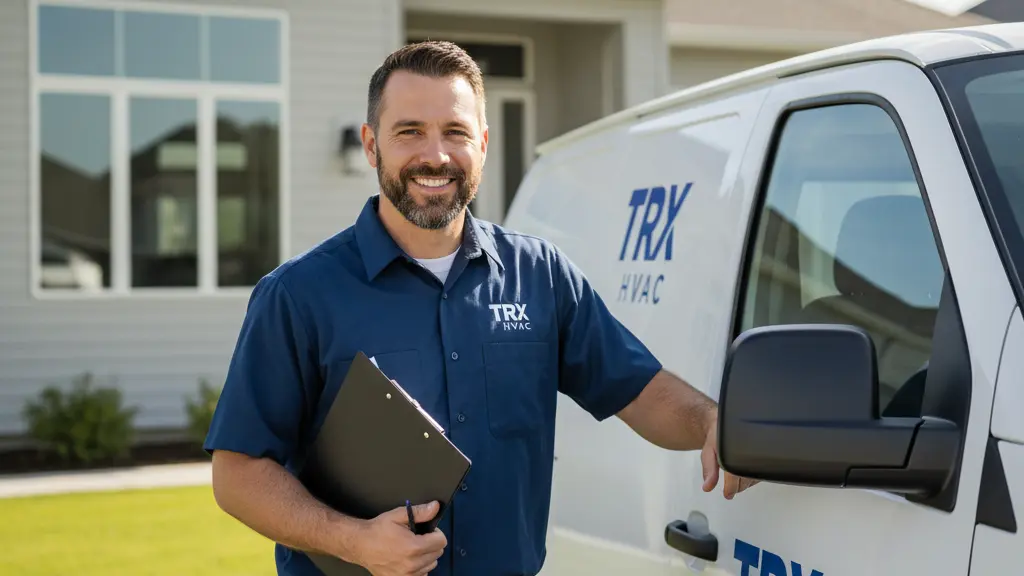 Man in blue uniform holding clipboard standing next to TRX HVAC van outside residential house